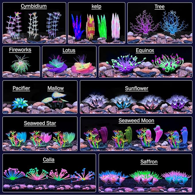 Dynamic Glow in The Dark Aquarium Decorations Unleashing Visual Effects with Soft Silica Gel, Changing Lights Colorful Glowing Coral Ornaments for Fish Tank Decor (Green, Calla)