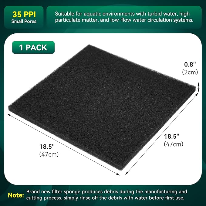 Borlech Aquarium Bio Filter Sponge Pad - Cut-to-Size Aquarium Filter Media for Fish Tank, Pond, Sump - Mechanical & Biological Filtration (18.5"x18.5"x0.8", 35PPI, 1 Pack)