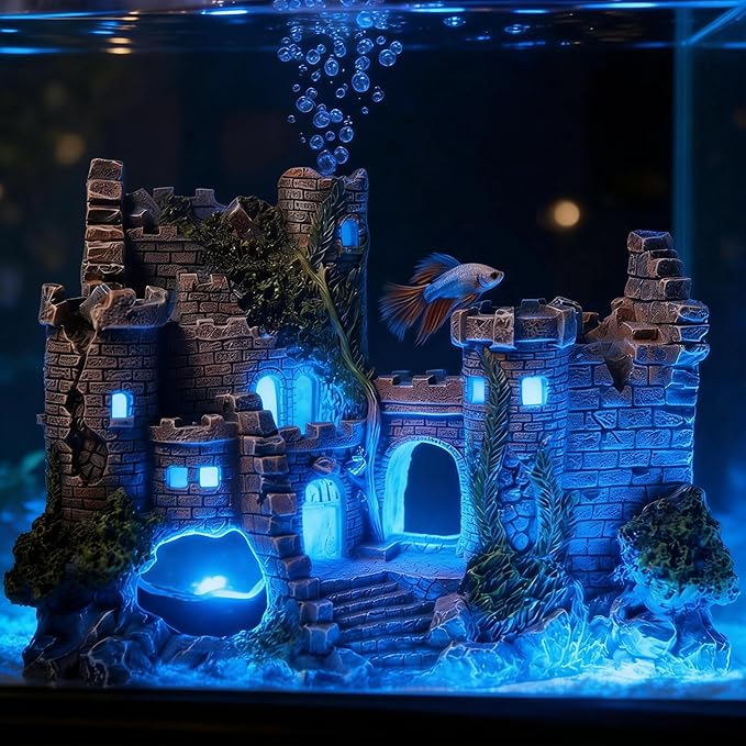 Aquarium Resin Castle Decoration, Air Bubbler Stone Cave Hideout House for Betta Fish, Shrimp & Turtles, Fish Tank Ornament Accessories for Breeding, Playing & Resting ，Decorative Bubbling Castle