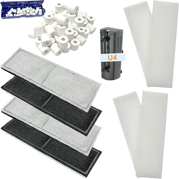 9 PCS Aquarium Maintenance Media Replacement for Fluval U4 Underwater Filter A480, Freshwater and Saltwater Aquarium Filter, Includes 4 Foam Pads, 4 Poly Carbon Cartridges and 1 Ceramic Ring