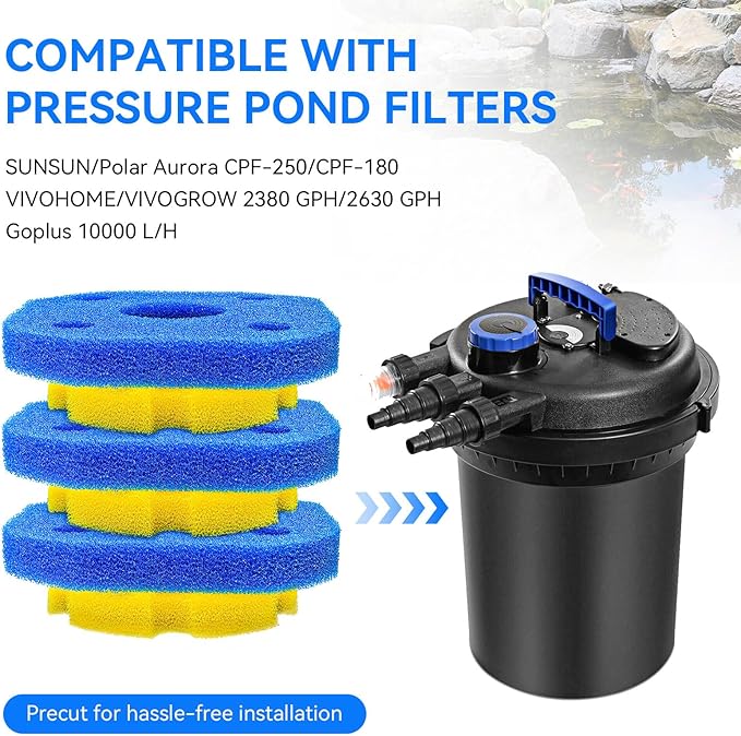 6Pack Sponge Filter Replacement for VIVOHOME Pond Filter 2380 GPH 2630 GPH or VIVOGROW 2380/2630 GPH Bio Pressure Pond Filter Media Pads for Sunsun CPF-250/180 for Outdoor Ponds, Koi Ponds