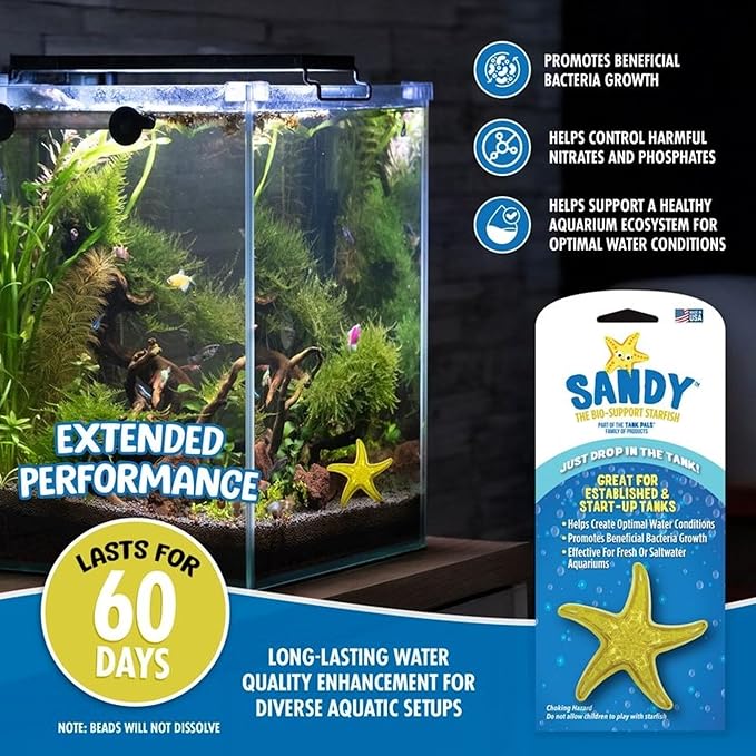 Sandy The Bio-Support Starfish - 2 Pack, Yellow- Promotes A Healthy Balanced Aquarium Ecosystem, Probiotic Growth, Tank Environment Control