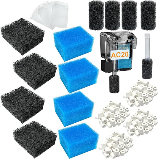 20 Pack Filter Media Kit Compatible with Fluval AquaClear AC20 Power Filter (5-20 Gallon), Includes 4 Foam Filters, 4 Carbon Sponge Filters, 4 Pack Ceramic Rings and 4 Intake Strainer Sponges