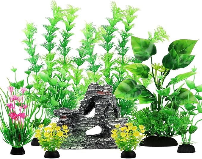 QUOZUO Fish Tank Accessories Artificial Plants, 9pcs Green Aquarium Decorations Plants and Cave Rock Decor Set, Aquarium Decor Plastic Plants