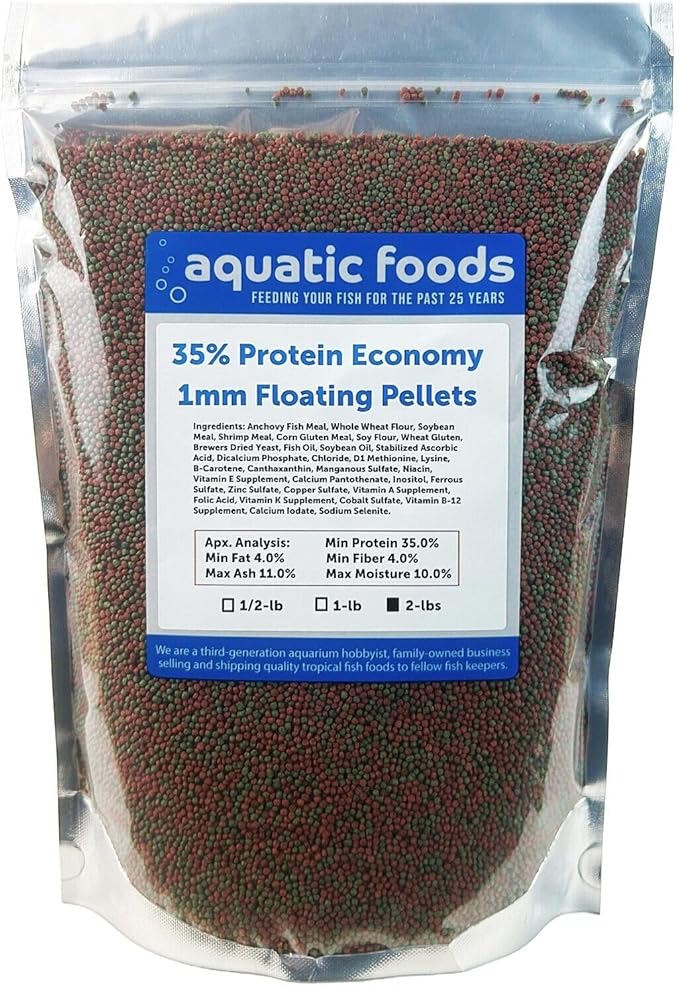 1mm - 1/32, 35% Protein Economy Floating Pellets for All Community Fish, Tetras, Guppies, Angel Fish, Cichlids, Goldfish. All Tropical Fish - WL…2-lbs Foil Pouch Bag