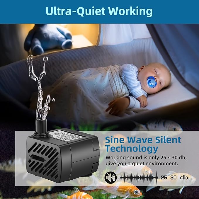 DaToo Mini Submersible Fountain Water Pump With LED Light 50GPH 3W Small Ultra Quiet Water Pump With Tubing For Aquarium Fish Tank Outdoor Pond Water Feature Fountain Statuary