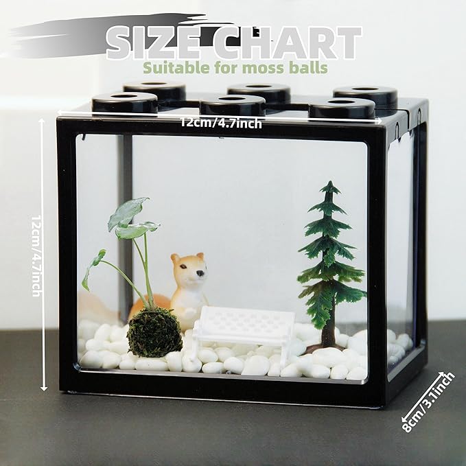 Small Sea Monkey Tank, Stackable Mini Betta Fish Tank Tinny Aquarium Kit with Aquarium Gravel, Moss Ball Tank Shrimp Tank 0.27 Gallon Acrylic Cube Fish Bowl for Shrimp Snails