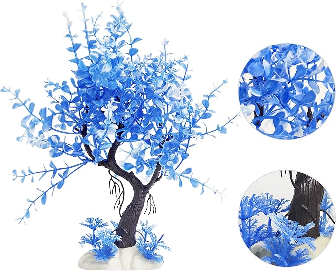 4PCS Fish Tank Aquarium Decorations Plastic Plants with Resin Cave Rock for Fish Hideout (Blue Set)