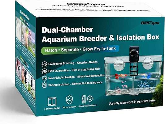 Dual-Chamber Aquarium Fish Breeder & Isolation Box, Transparent Hatching Incubator Tank with Suction Cups & Hook, Nursery for Livebearer Guppy Fry Breeding and Betta Fish, Shrimp Quarantine