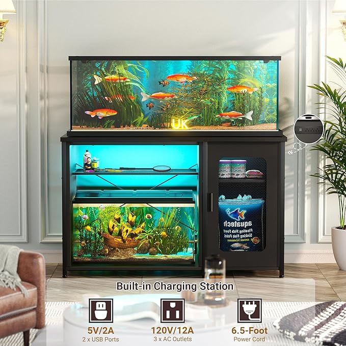 Unikito 55-75 Gallon Aquarium Stand with Power Outlets & LED Light, Reversible Fish Tank Stand with Cabinet for Fish Tank Accessories Storage, Heavy Duty Metal Frame, 880LBS Capacity, Black