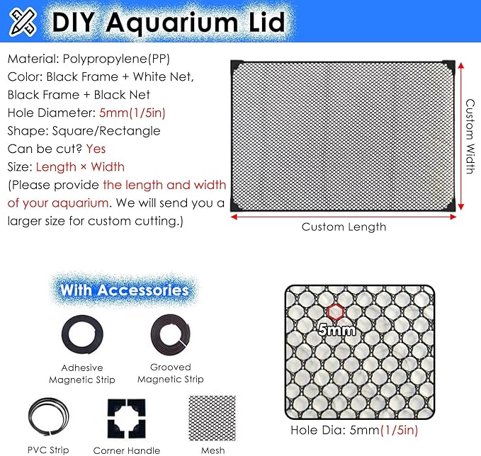 LZMZMQ Mesh Terrarium Lid Aquarium Hood, DIY Fish Tank Top Cover/Anti-Jumping Net with Magnetic Edges, Square Ventilation Opening Screen Netting, Cut to Size(L55.1xW17.7in/140x45cm)