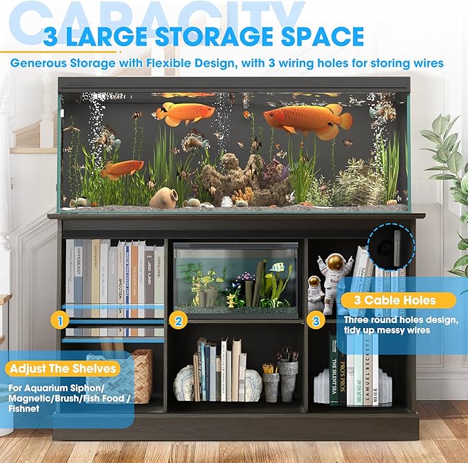 55-75 Gallon Fish Tank Stand with Sliding Barn Doors & Power Outlet, Heavy Duty Aquarium Stand with Cabinet Storage for 2 Fish Tank/Turtle Tank/Reptile Terrarium Accessories, 1300LBS (Grey)