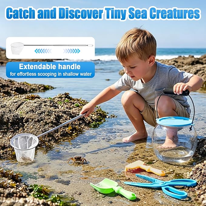 Kids Beach Exploration Kit, Catch & Release Aquarium Toy Set with Net, Crab Tongs, Sand Shovels & Clear Critter Keeper, Beach Toys for Kids Ages 2–12 (Beach, Lake, River)