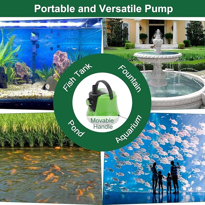 25W Water Pump 350GPH Submersible Pump, 1200L/H, Max Lift up to 6ft, Fountain Pump with Adjustable Switch 2 Nozzles 6ft Power Cord for Fountain, Fish Tank, Pond, Statuary, Aquarium (Green)