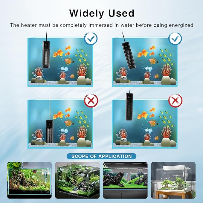 AQQA Aquarium Heater,300W 500W 800W 1000W 1200W Fish Tank Heater,59℉-93℉ Submersible Intelligence Aquarium Heater with Over-Temperature Dry Burning Protection 1000W to 135-235 Gallon