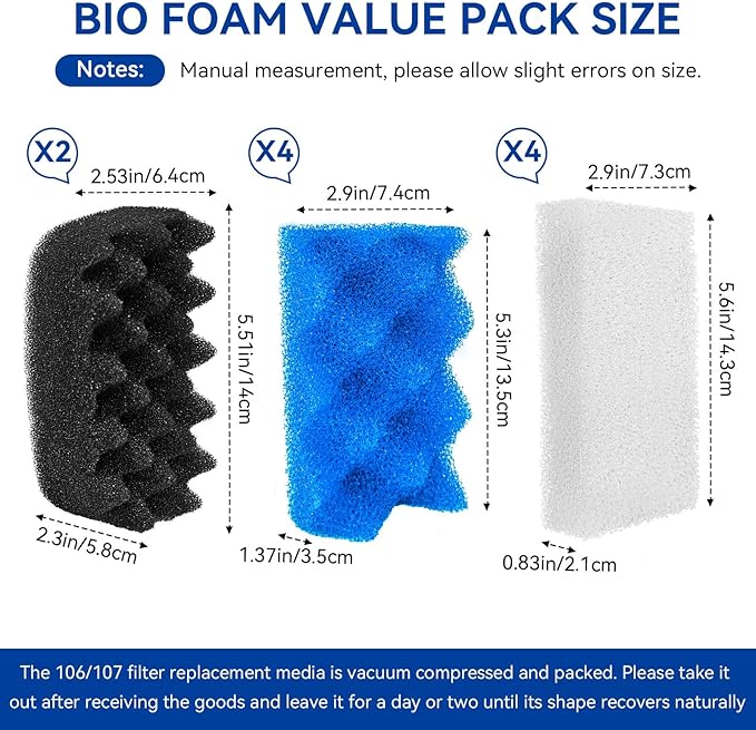 10 Pack Bio Foam Compatible with Fluval 106 & 107 Canister Filter, Filter Sponge Replacement Aquarium Filter Media for Biological Filtration, Including Blue White Black Filter Media Replacement Kit