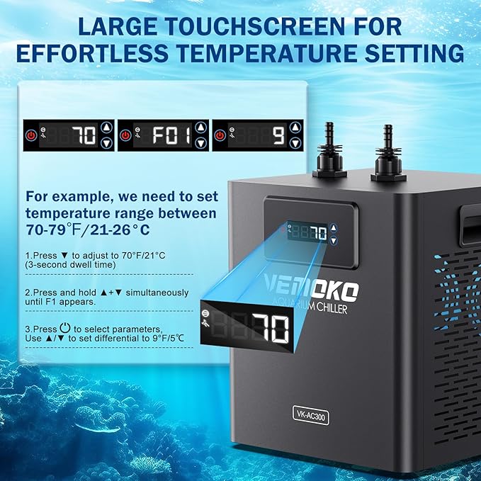 Aquarium Chiller 79 GAL - Water Chiller for Aquarium 1/3 HP Energy Efficient Fish Tank Water Chiller for Axolotl, Coral, Jellyfish, Freshwater & Saltwater Quiet Cold Plunge Chiller 300L