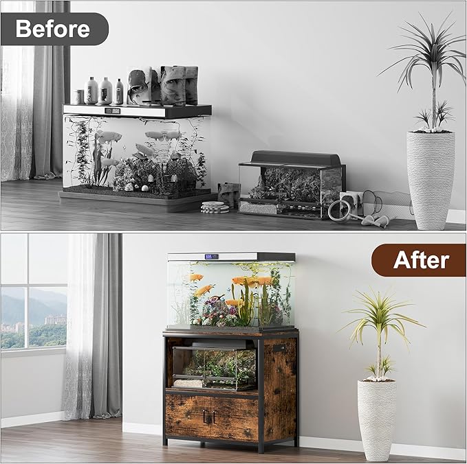 TQVAI 50-75 Gallon Fish Tank Stand with Power Outlets, Heavy Duty Aquarium Stand with Cabinet Storage Fish Tank Accessories, Large Reptile Terrarium Tank Stand, Black/Vintage