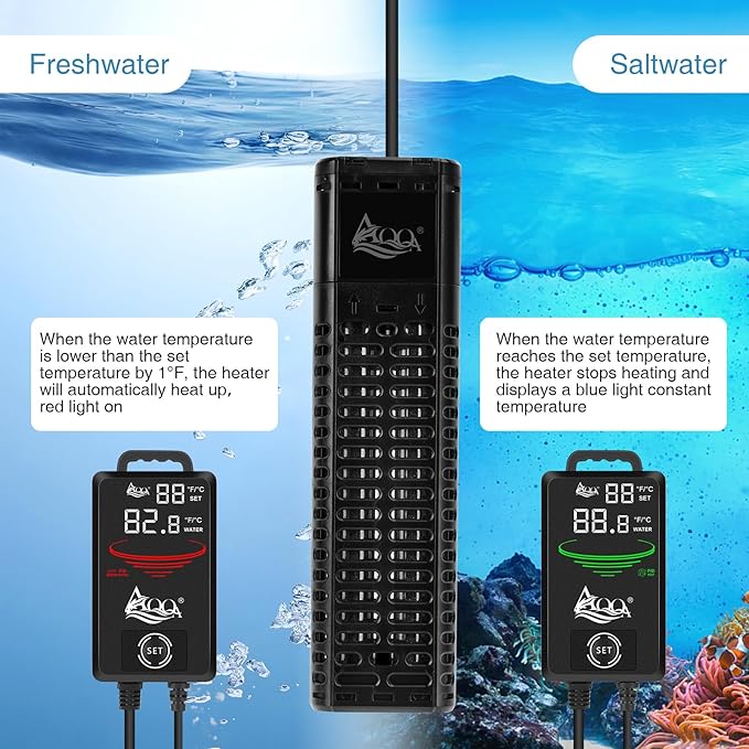 AQQA Aquarium Heater,300W 500W 800W 1000W 1200W Fish Tank Heater,59℉-93℉ Submersible Intelligence Aquarium Heater with Over-Temperature Dry Burning Protection 1200W to 155-265 Gallon