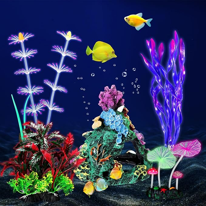 Halloscume 5 Pcs Fish Tank Decorations Glow in the Dark Betta Tank Decorations Fish Aquarium Accessories Ornaments Colorful Coral Reef Decor Set Include Coral Reef, Water Grass, Lotus Leaf and Kelp