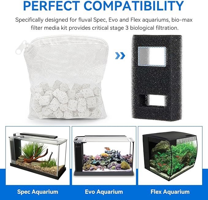 6 Pack Biomax Aquarium Filter Media Replacement for Fluval Spec, Evo and Flex Desktop Aquariums, 60g/2.1 Oz Bio Ceramic Rings Filter Media for Fish Tank, Placed in Filter Foam Block