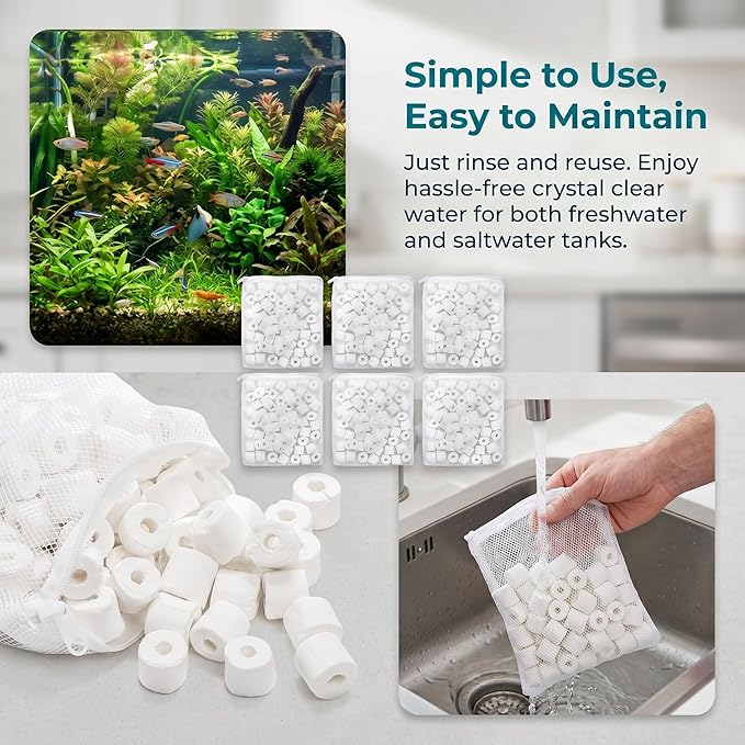 TOPZEA 6 Lb Aquarium Filter Media Ceramic Rings, Premier Bio Filter Medias with Zipper Mesh Bags for Koi Pond, Canister, Fish Tank Filter, Pure White