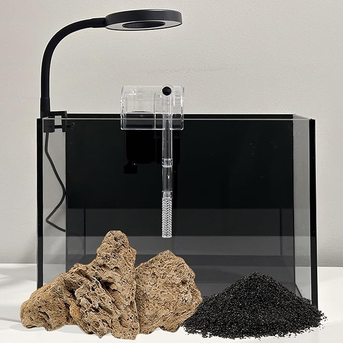Nano Aquarium Kit 2.2 Gallon, Rimless Glass Betta Fish Tank with Filter & LED Light, 12" x 6" x 8" Small Desktop Fish Tank for Home Office (Black, Complete)