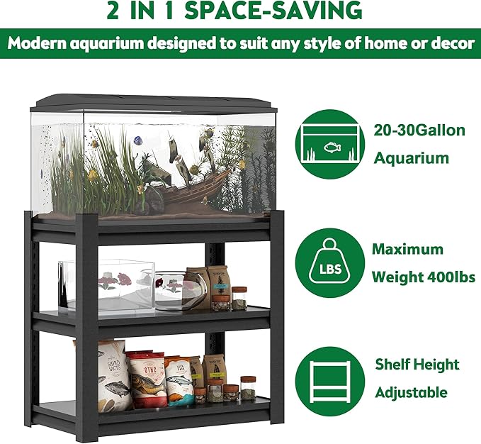 20-30 Gallon Fish Tank Stand - Metal Aquarium Stand, 34 "W x 18 "D x 31" H Adjustable Heavy Duty Reptile Tank Stand, Adjustable 3-Tier Fish Tank Rack Shelf for Home Office, Tank Not Included