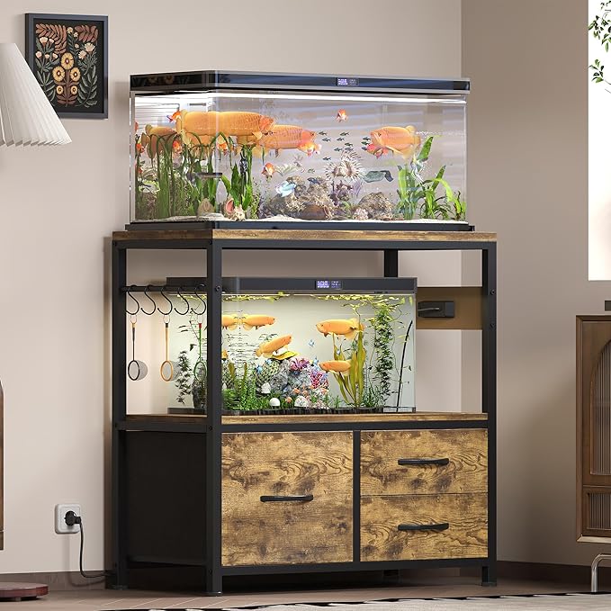 Heybly 20-29 Gallon Fish Tank Stand, Aquarium Stand with Drawer, Power Outlet, Heavy Duty Metal Frame, for Fish Tank, Turtle & Reptile Terrarium, 31.5" x 15.7" Top, 330lbs, Rustic Brown HAS001SR