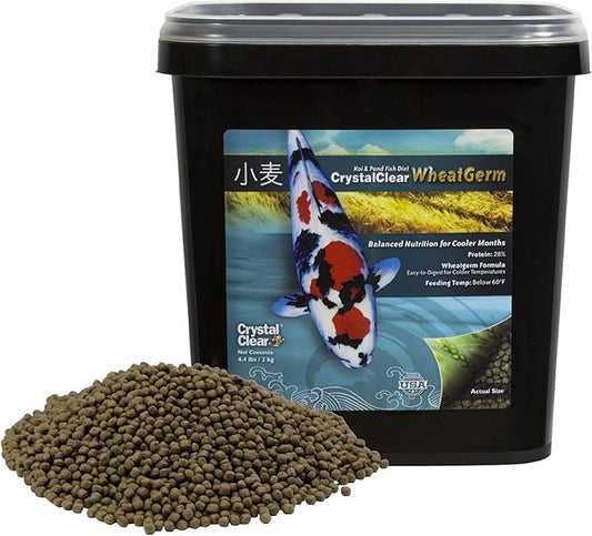 CrystalClear WheatGerm Fish Food—Protein-Rich Floating Pellets for Cold Freshwater Ponds, Ideal in Cooler Spring & Fall Seasons - 4.4 Pound Bucket