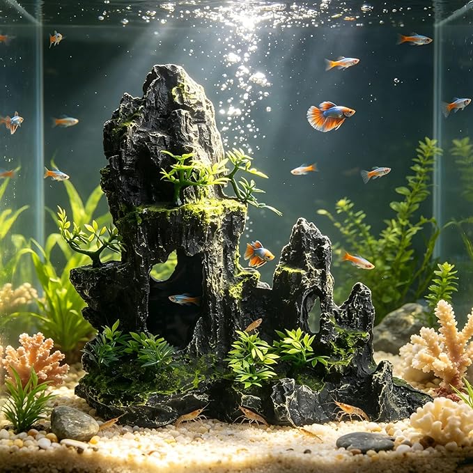 11 Inch Large Aquarium Decor, Tall Resin Mountain Rock Cave with Plants for Natural Aquascape – Realistic Fish Tank Decorations & Hiding Place for Betta, Shrimp, Cichlids