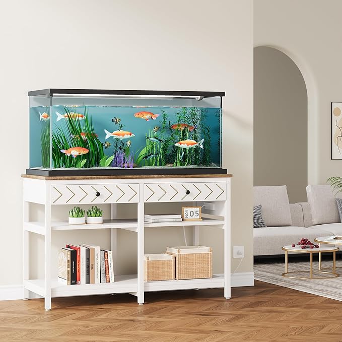 40-50 Gallon Aquarium Stand, Fish Tank Stand with Power Outlets and Drawers, Heavy Duty Metal Reptile Tank Stand for Turtle, 911LBS Capacity, White and Brown (No Aquarium)