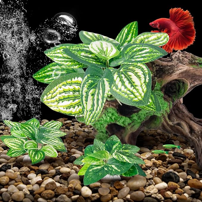 CousDUoBe 8 Pcs Fish Tank Decor，Silk Aquarium Plants Green Silk Leaf pad Hammock Artifical Driftwood cave Betta Fish Tank Accessories 7 x 2.8 x 4 inches(LxWxH)