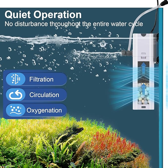 265 GPH 4-in-1 aquarium filter, 20-80 gallon fish tank filters Filtration and Oxygenation, filter for fish tank with biochemical cotton, ceramic beads, Multi-functional turtle tank filter(15 W)