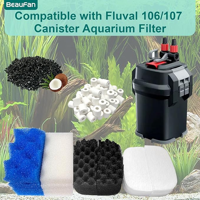 24 Sets Aquarium Replacement Media Maintenance Kit Compatible with Fluval 106 & 107 Canister Filters, Including Bio Sponge Filters, Activated Carbons, Ceramic Rings, Mesh Bags, Filter Pads