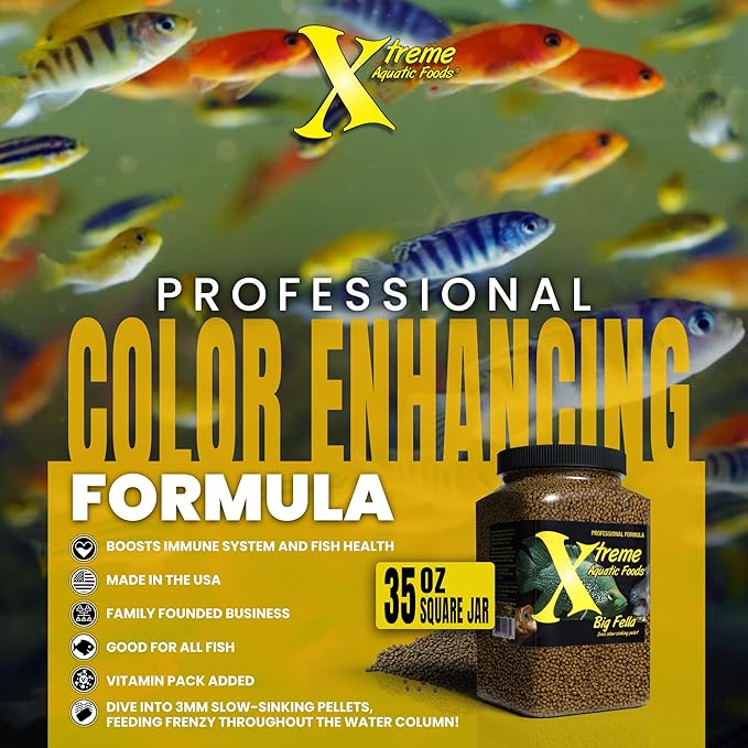 Xtreme Big Fella 3.0mm Pellets: Professional Nutrition for Medium to Large Cichlid/Community Fish - Boost Immune & Digestive Health, Color & Energy, Max Protein Fish Food – USA Farm Grown (35oz)