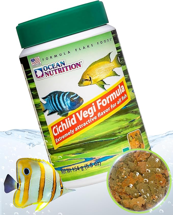 Ocean Nutrition Cichlid Vegi Formula Flake Fish Food - Natural Ingredient Fish Food Flakes for All Fish - Supports Health & Coloration, Does Not Cloud Water, Made in USA, 5.5 oz (154 g)
