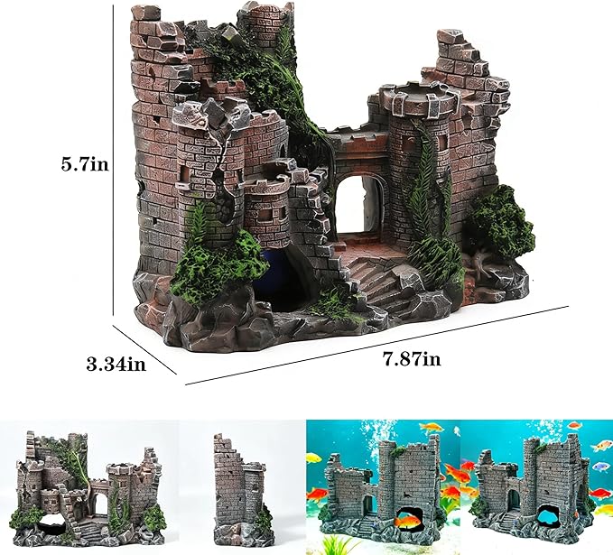 Aquarium Resin Castle Decoration, Air Bubbler Stone Cave Hideout House for Betta Fish, Shrimp & Turtles, Fish Tank Ornament Accessories for Breeding, Playing & Resting ，Decorative Bubbling Castle