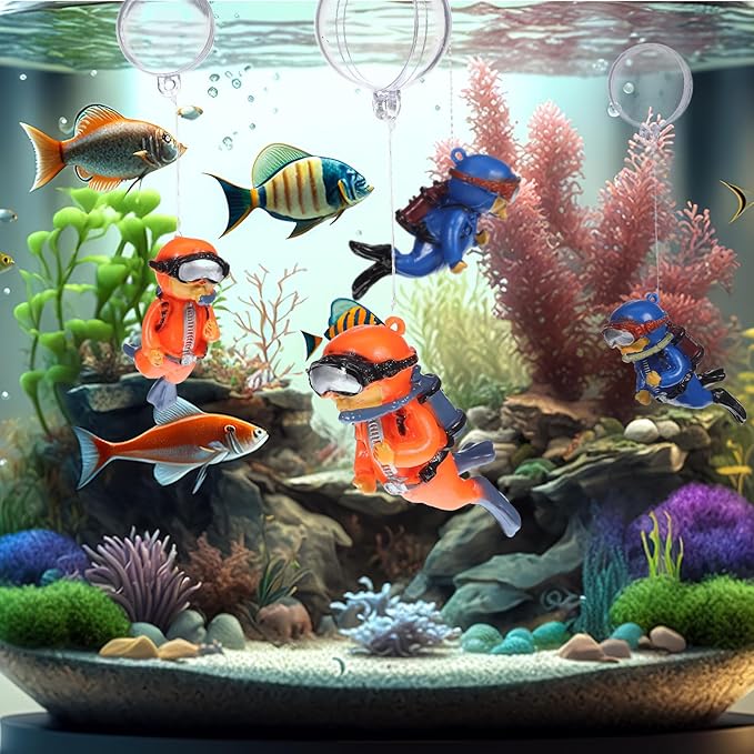 BESPORTBLE Floating Fish Tank Decorations: 4pcs Cute Diver Aquarium Ornaments with Floating Balls and Lines, Resin Small Fish Tank Decor for Underwater Landscape and Water Flow Monitoring