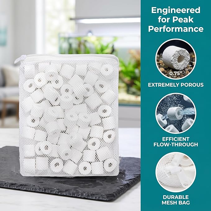 TOPZEA 6 Lb Aquarium Filter Media Ceramic Rings, Premier Bio Filter Medias with Zipper Mesh Bags for Koi Pond, Canister, Fish Tank Filter, Pure White