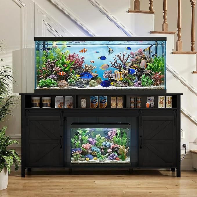 VOWNER 75-120 Gallon Fish Tank Stand with Power Outlet, Farmhouse Aquarium Stand with Storage Cabinet & Sliding Barn Doors, Heavy Duty Reptile Tank Stand, for 2 Tanks, 1000LBS Capacity, Black