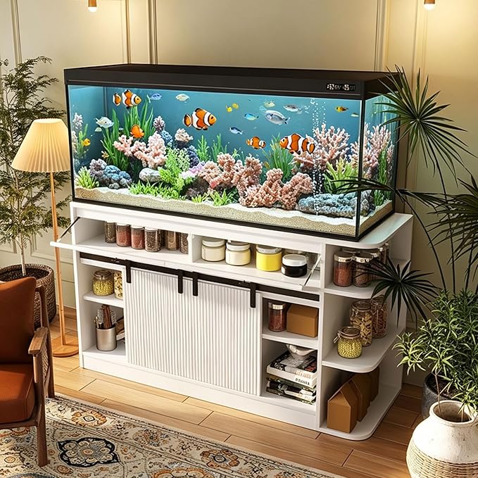 55-75 Gallon Fish Tank Stand with LED Light & Power Outlet, 55.1" Heavy Duty Aquarium Stand with Sliding Fluted Doors, Shelves and Cabinets for Turtle Tank/Reptile Terrarium, 1200LBS Capacity, White