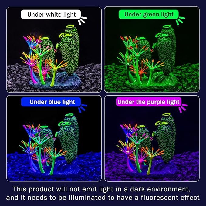 Dynamic Glow in The Dark Aquarium Decorations: Unleashing Visual Effects with Soft Silica Gel, Changing Lights, and Colorful Glowing Coral Ornaments (Dark Green, Seaweed Moon)