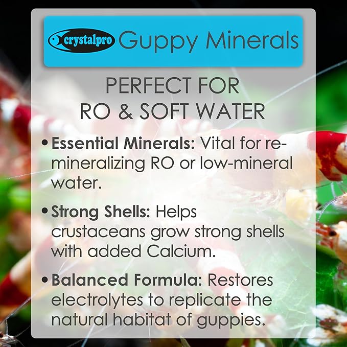 Crystalpro Guppy Minerals 4.22 Oz - Mineral Additive for Guppies - Replenishes Protective Coat and Improves General Health Freshwater Aquarium Salt (125 ml) Treats 660 Gallons