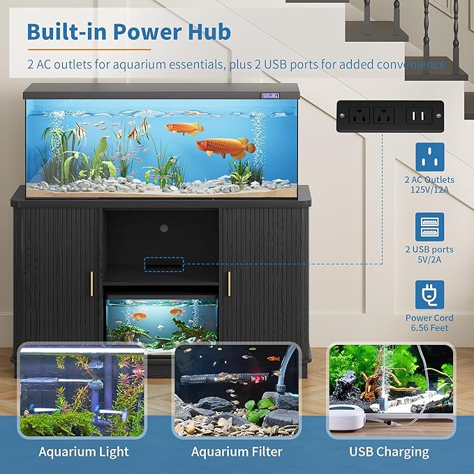 Fish Tank Stand, 75 Gallon Tank Stand with Sliding Cabinet Door, Heavy Duty Aquarium Stand with Power Outlet for Turtle Tank, Reptile Terrarium, 1000LBS Capacity (Black)