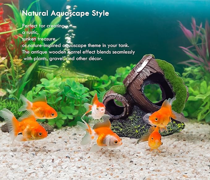 Moss-Covered Twin Broken Barrels Aquarium Decor – Resin Fish Tank Hideout with Artificial Moss for Betta, Shrimp & Small Fish