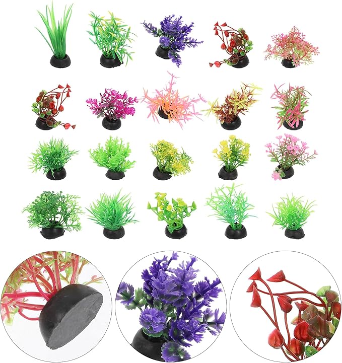Ipetboom 20pcs Fish Tank Decorations Set Aquarium Plants, Colorful Artificial Decor - Mini Plastic Water Plants Grass Accessories for Beta Goldfish Turtle, Random Color