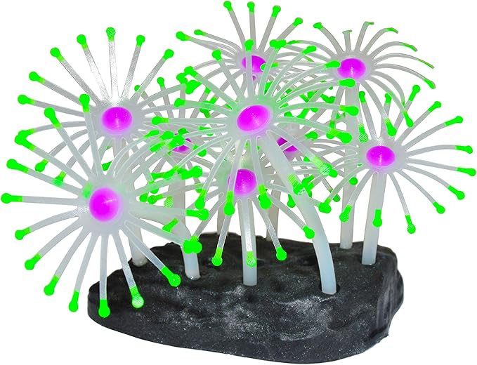 SciencePurchase UV Glowing Silicone Faux Palythoa Coral Fish Tank Decoration with Weighted Base for Aquarium Fish Tanks, Green Accent Glows Under UV Blacklight
