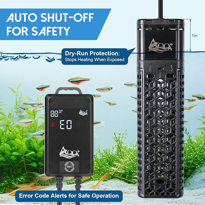 AQQA 500W Aquarium Heater for 53-80 Gallon, Dual Quartz Submersible Fish Tank Heater with Digital Controller, 59-93°F Adjustable Temp, Dry Burn & Overheat Protection – for Freshwater & Saltwater