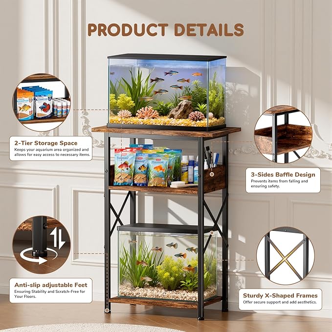 10 Gallon Fish Tank Stand with Storage Shelves, 3-Tier Aquarium Stand with Rust-Proof Metal Frame, Heavy Duty Waterproof Reptile Turtle Tank Stand for Home Office Up to 150LBS, 21.5" L x 11.5" W x 30" H, Rustic Brown